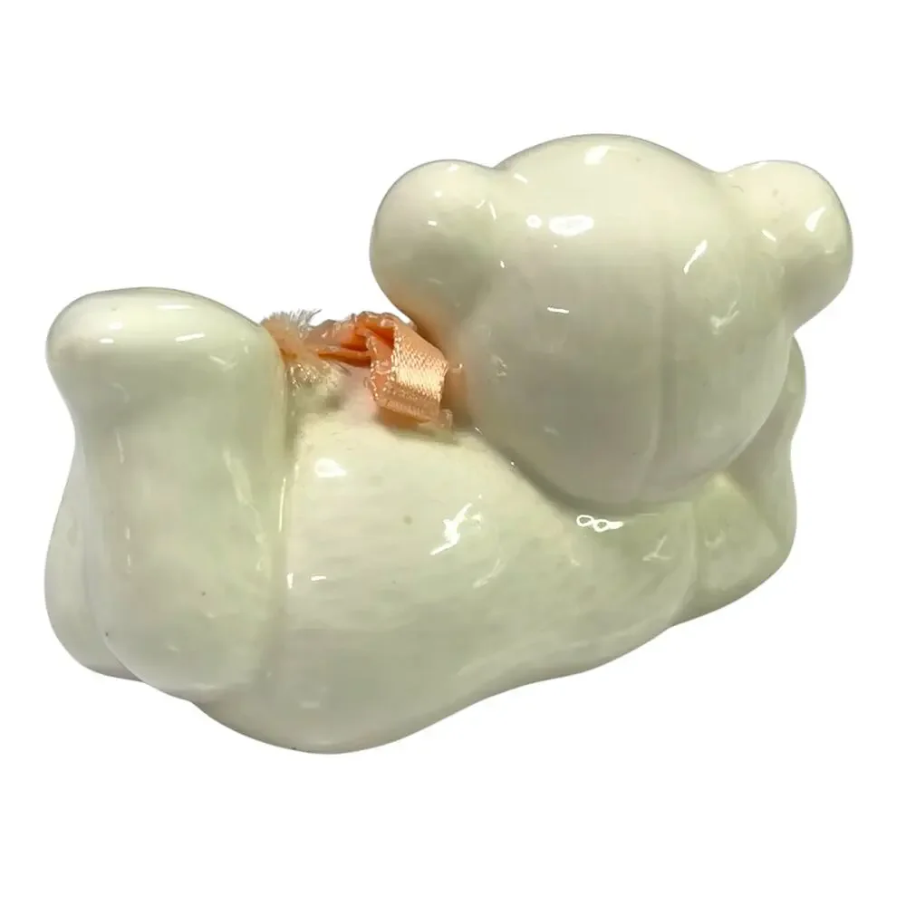 Vintage White Ceramic Teddy Bear Figurine Pink Ribbon 3